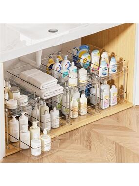 Clear 2 Tier Under Sink Bathroom Organizer Storage Bins Pull Out Drawers